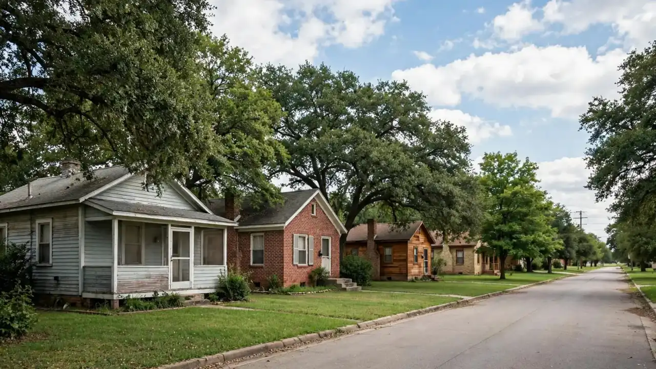 Small 1950s wood-sided bungalows and brick cottages on an older tree-lined street