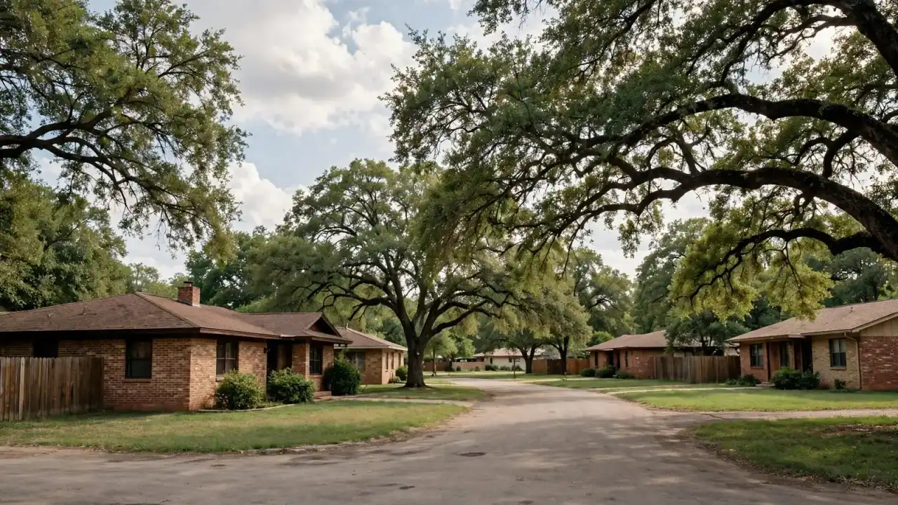 1970s one-story red brick ranch homes with big oaks on a quiet street