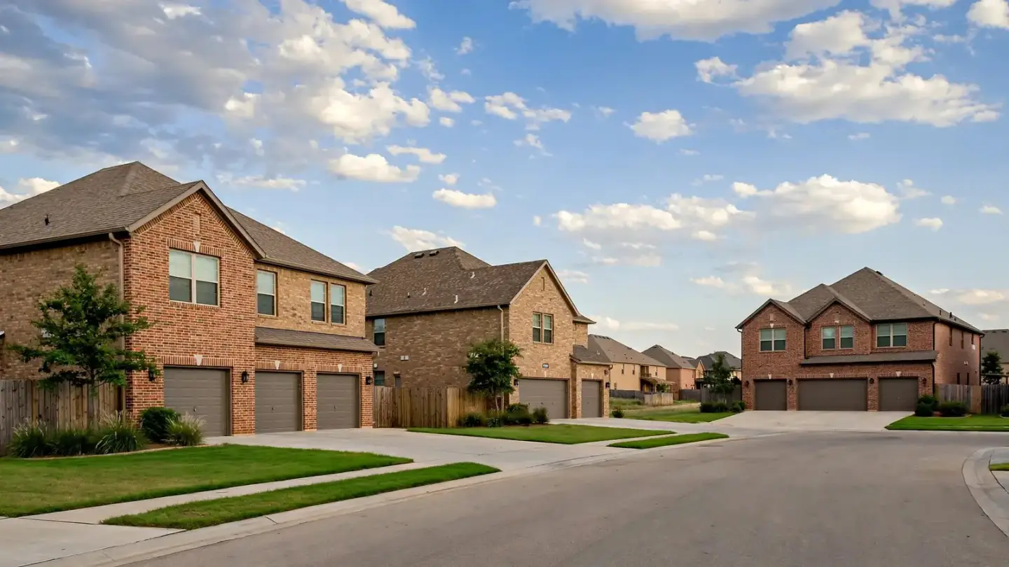 2010s subdivision with large two-story brick homes and three-car garages