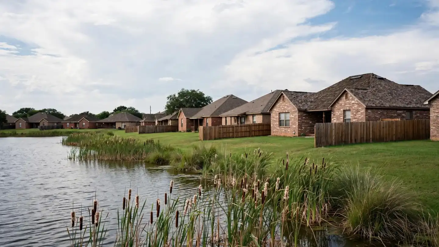 1980s brick homes near a lake shoreline with cattails
