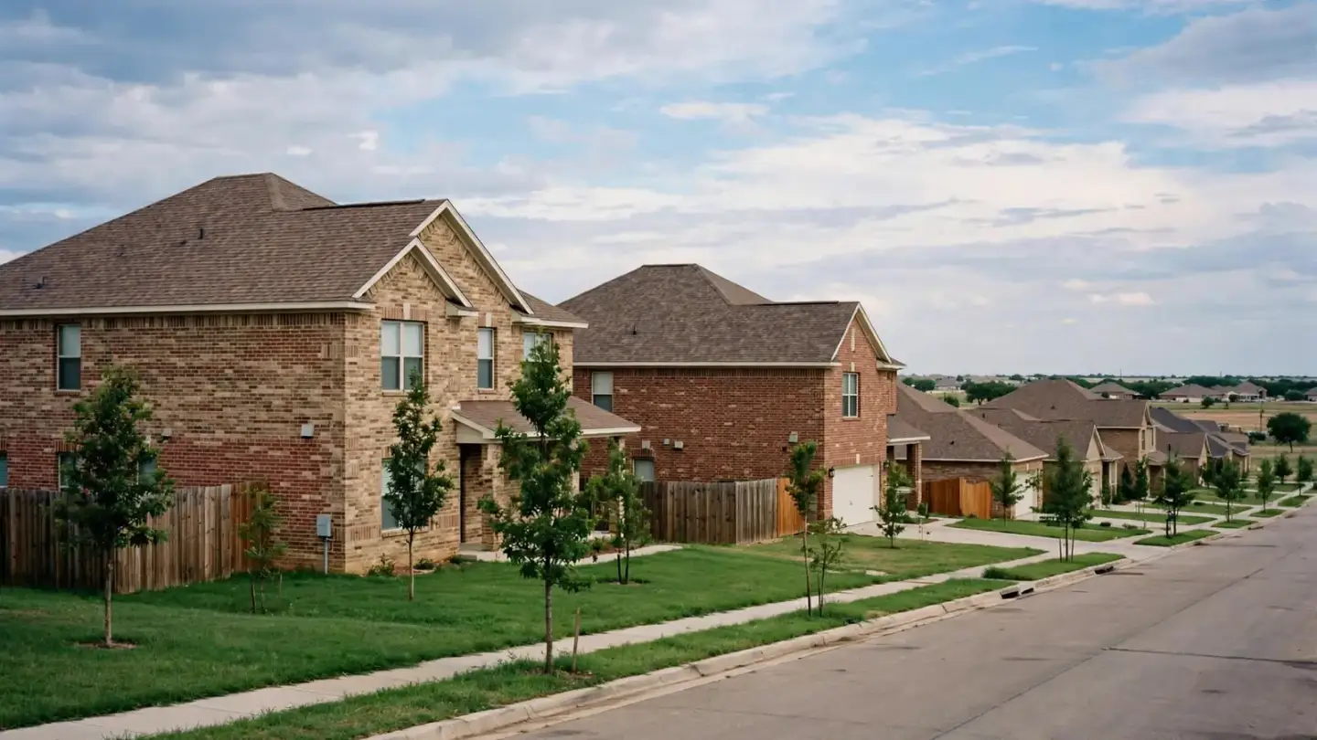 1990s two-story brick homes with wood fences and young trees