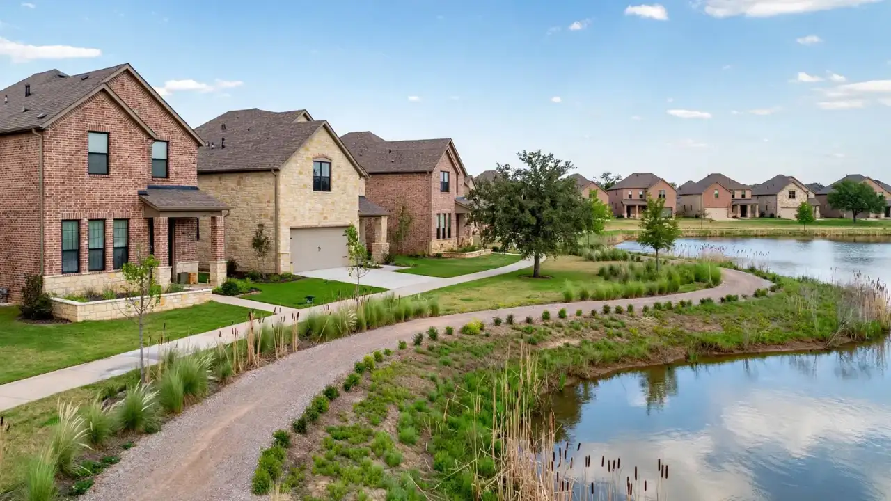 New two-story brick and stone homes facing a small lake and walking trail