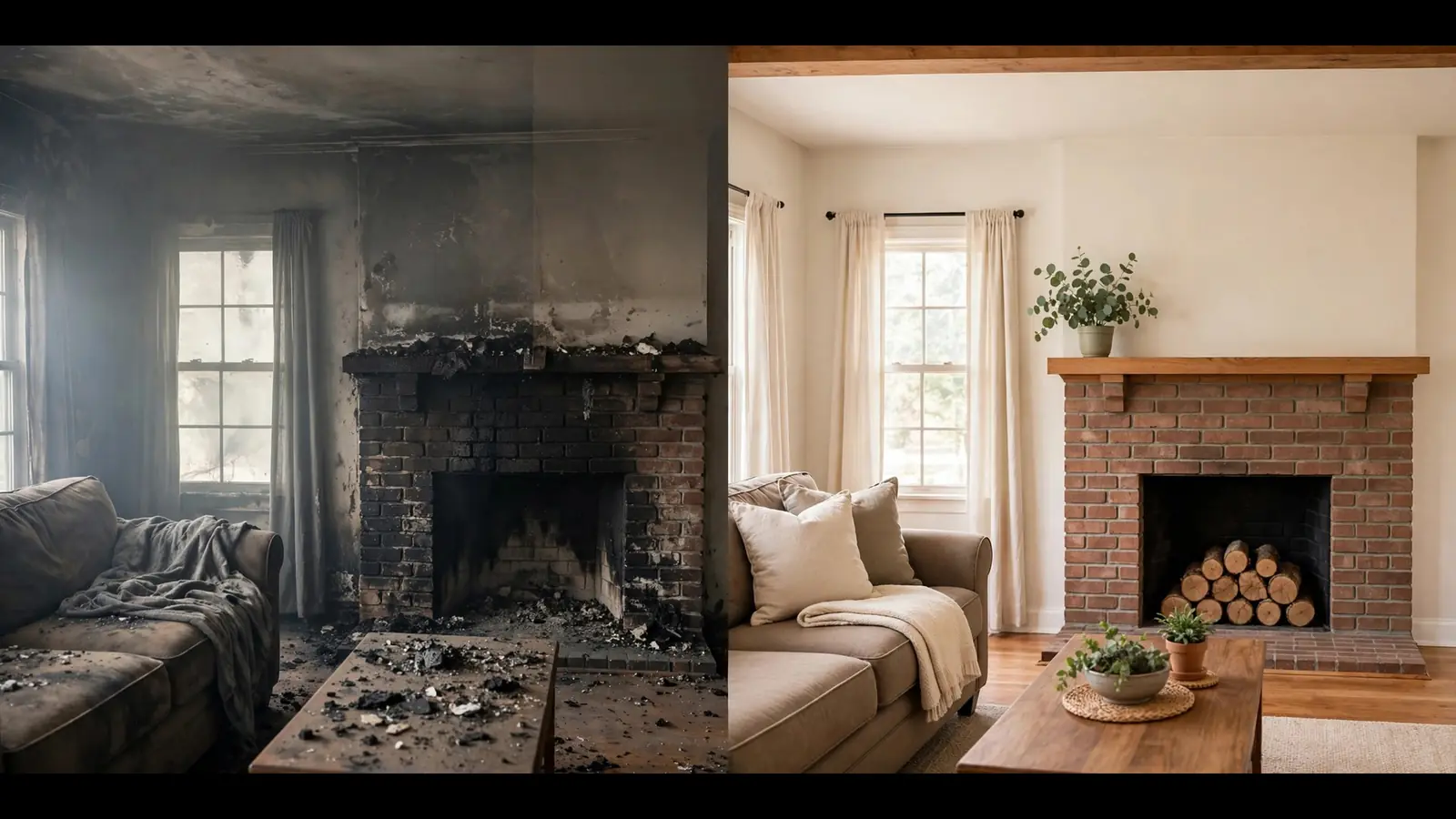 Split image of a den with a brick fireplace, smoky on the left and clean on the right