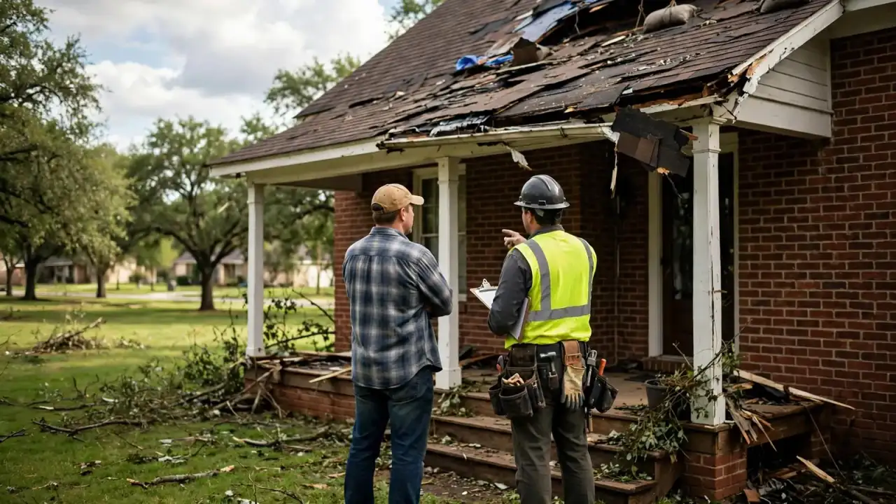 Homeowner seen from behind talking with a restoration worker on a front porch
