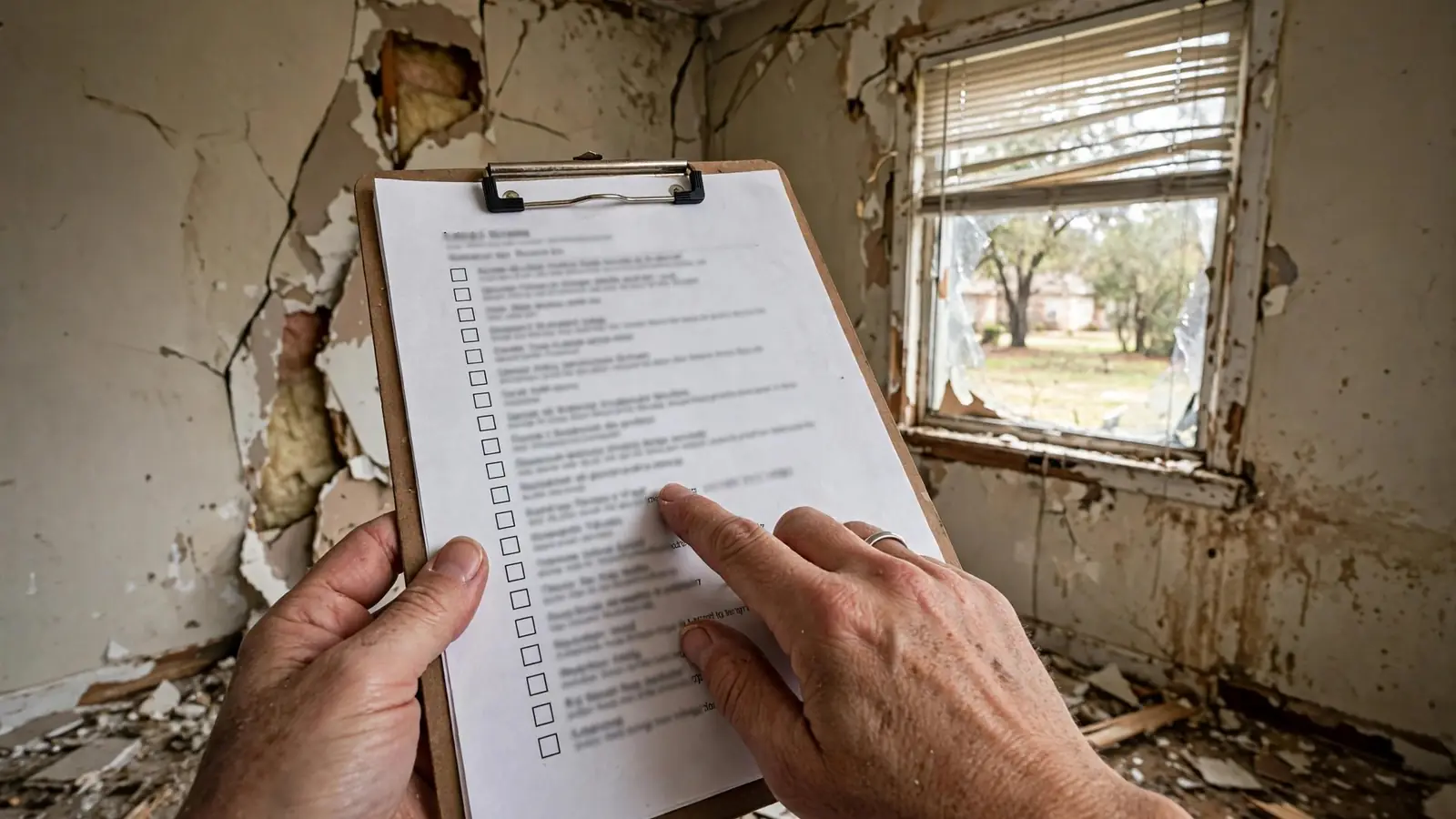 Hands reviewing a printed checklist on a clipboard