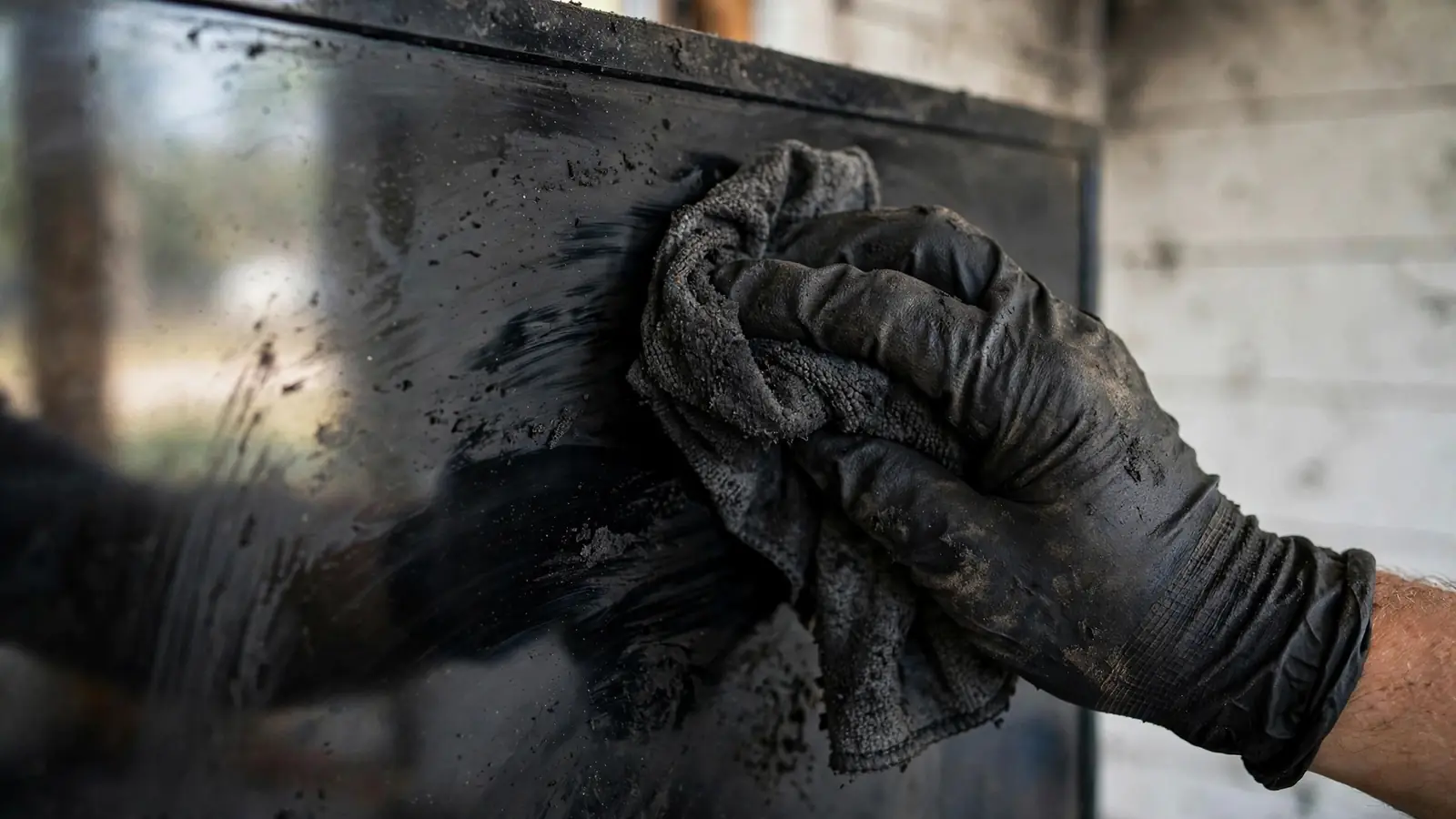 Gloved hand wiping soot off a dark TV screen