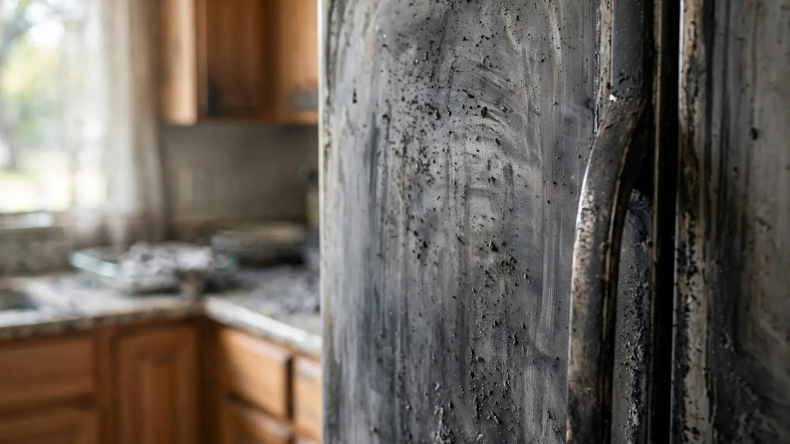Soot-smeared refrigerator door in a kitchen