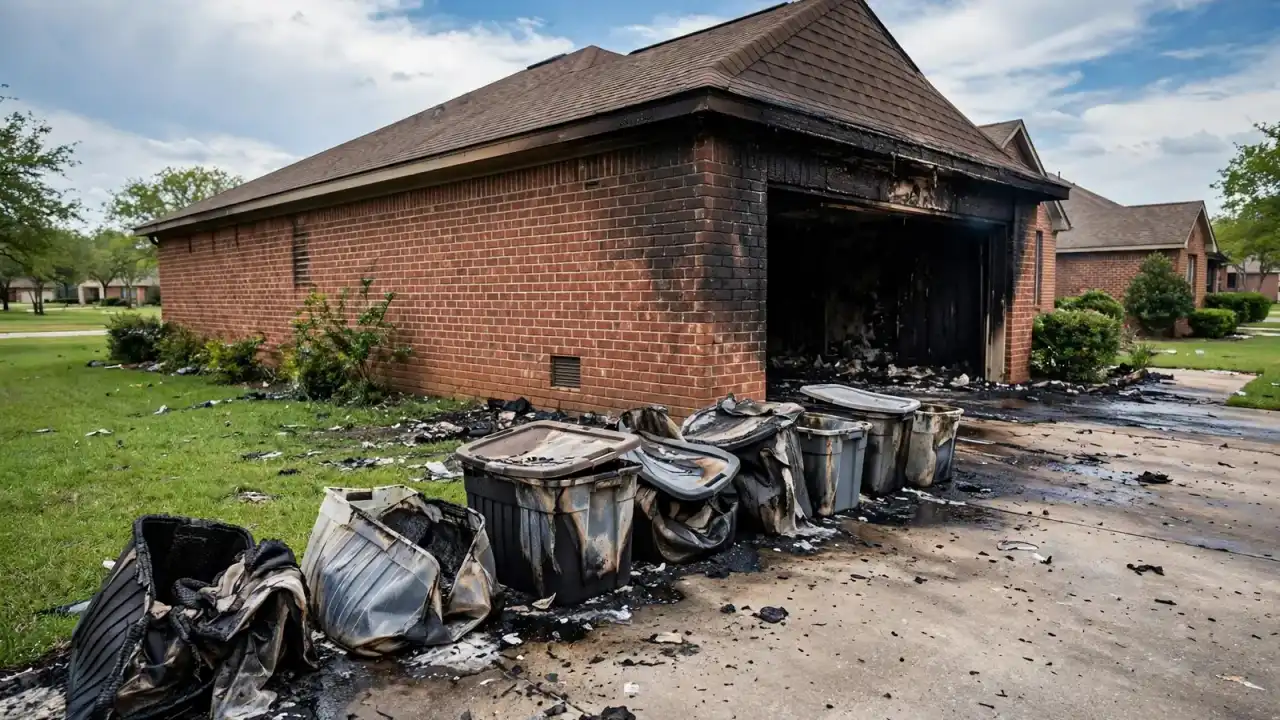 Burned garage interior with melted plastic storage bins on charred shelving