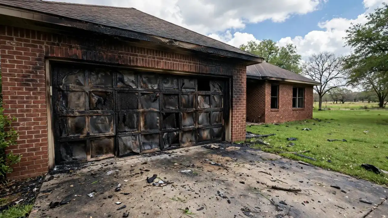 Charred garage door seen from the driveway