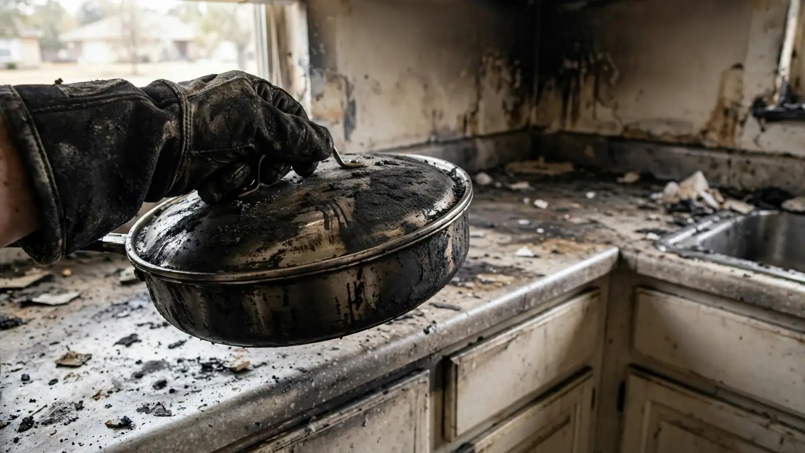 Blackened range hood and stovetop with a lidded pan