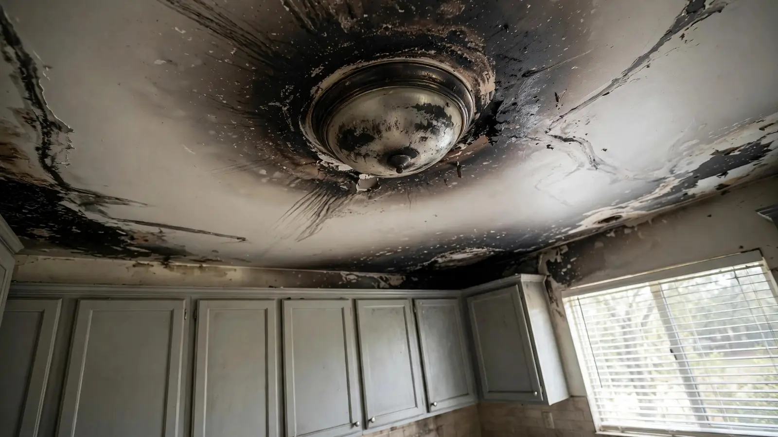 Greasy soot film on a kitchen ceiling around a light fixture