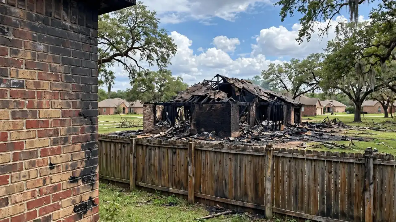 Two brick houses side by side, one burned and one with smoke staining on the facing wall