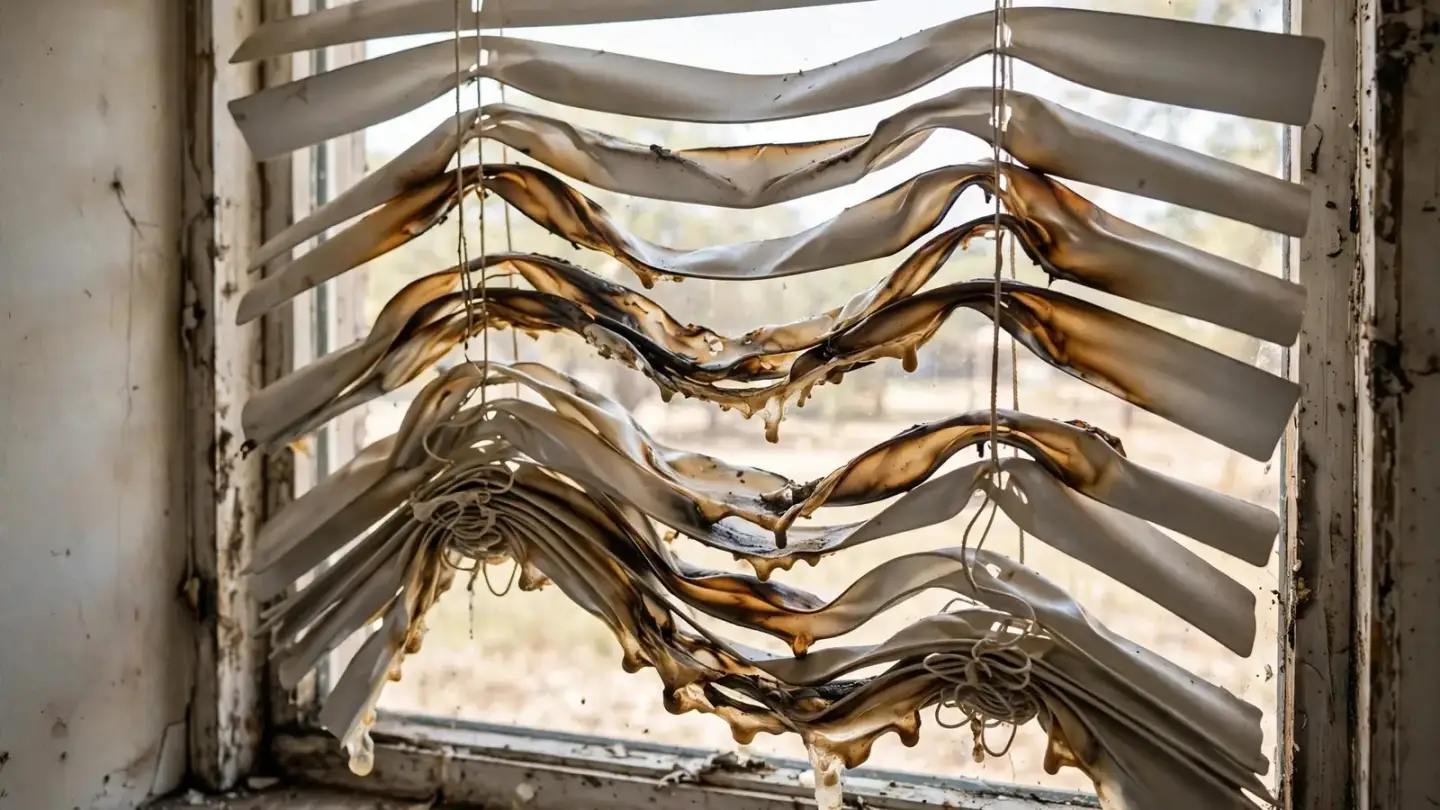 Melted vinyl blinds in a window facing a burned house next door