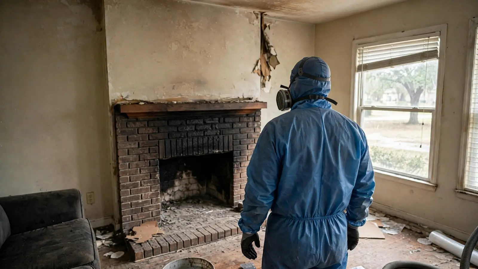 Restoration worker in a respirator seen from behind in a soot-darkened den with a brick fireplace
