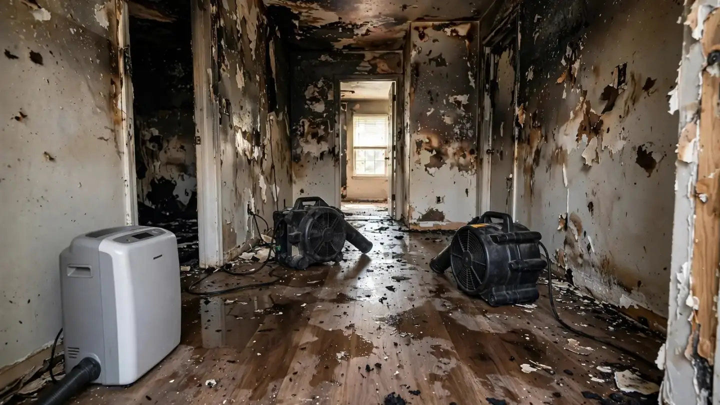Dehumidifier and air movers running on laminate flooring in a fire-damaged hallway