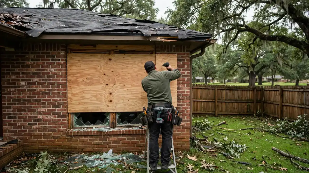 Worker seen from behind screwing plywood over a window on a brick house