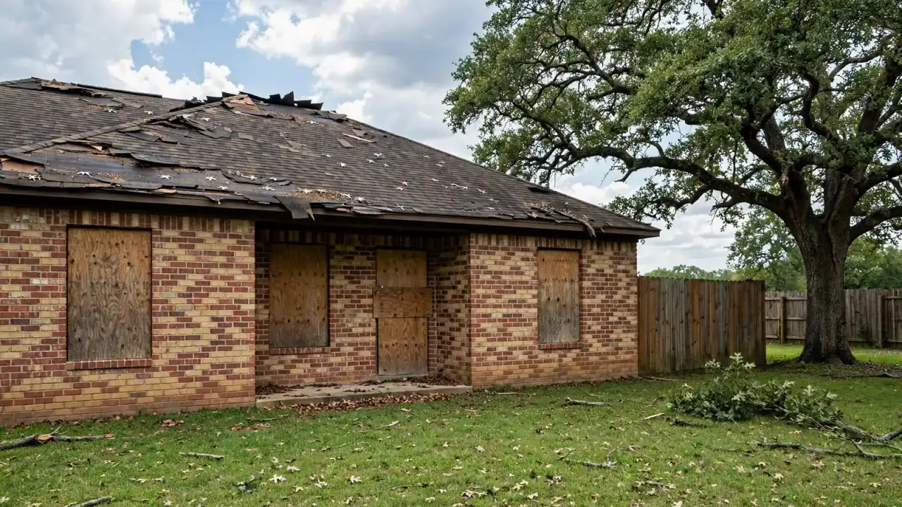 Brick house with three boarded windows and a boarded front door beside an oak tree