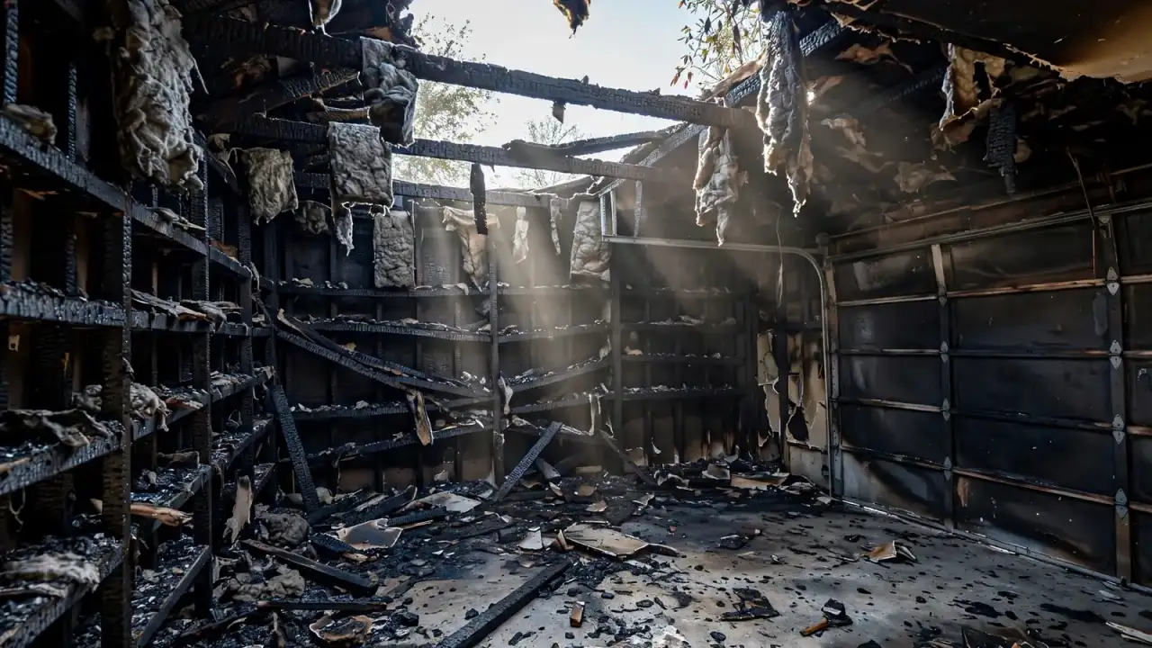 Garage interior after a fire with charred rafters and burned shelving