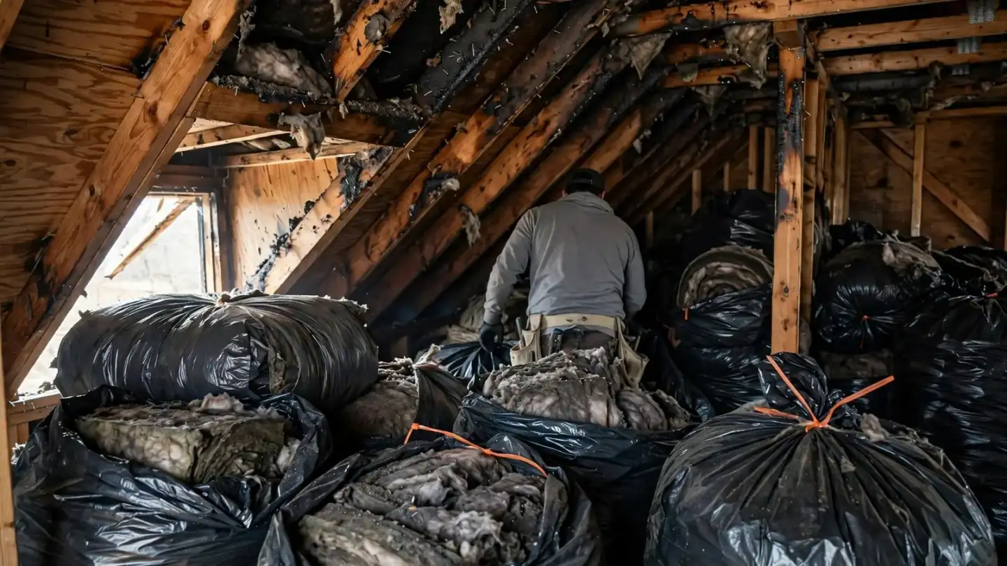 Worker seen from behind bagging smoke-damaged insulation in an attic