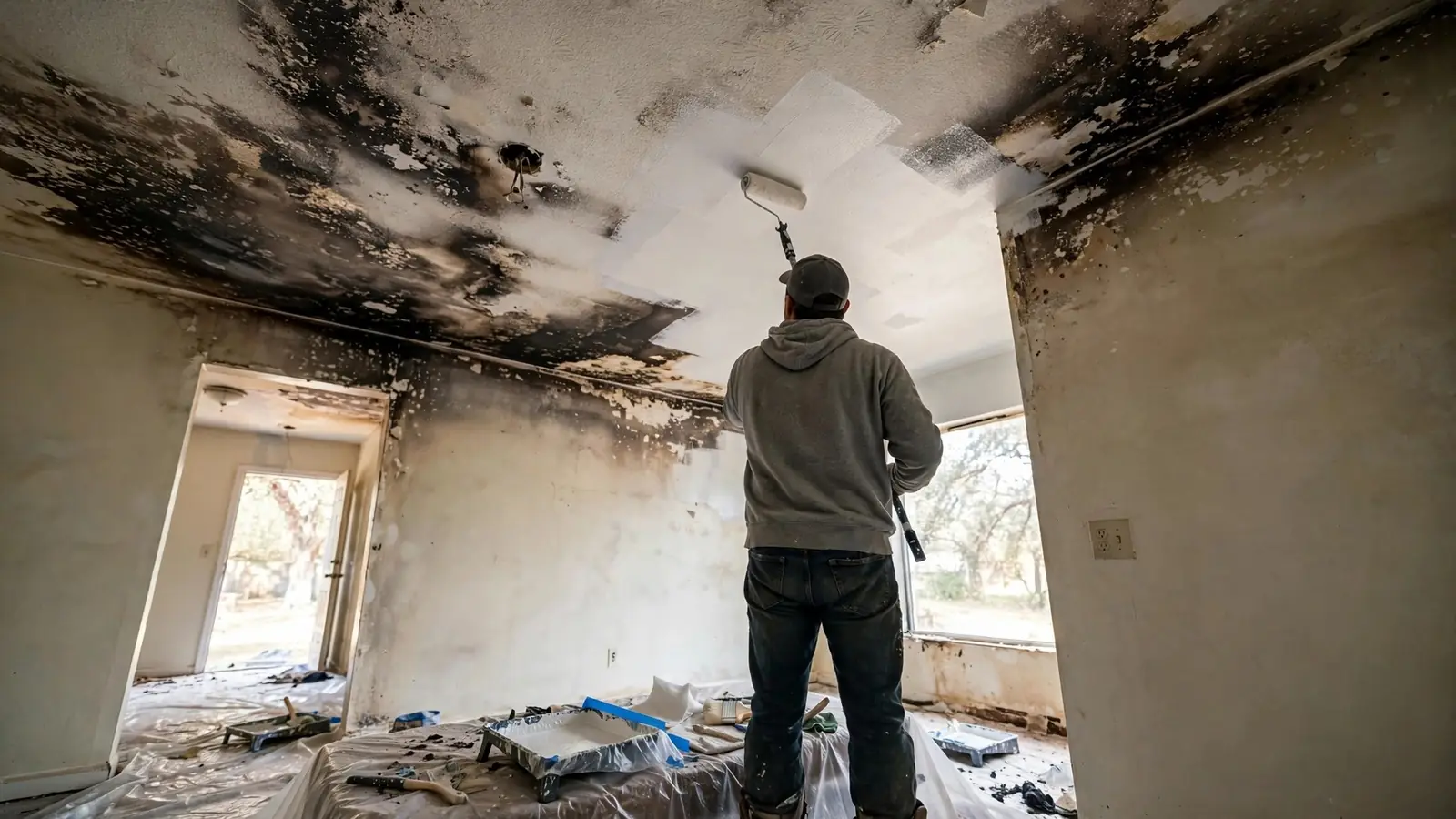 Worker rolling white sealing primer onto a smoke-stained ceiling
