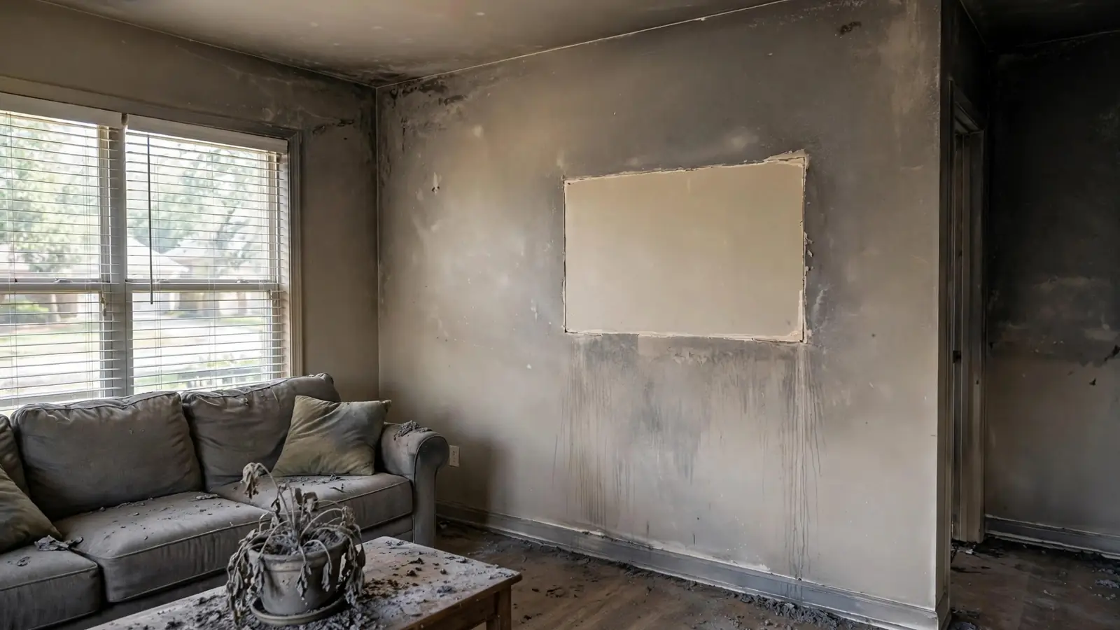 Living room walls with a grey smoke film and a clean rectangle where a picture hung