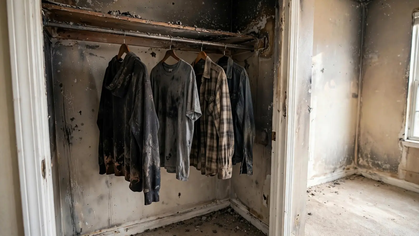 Bedroom closet with smoke-stained clothes hanging on the rail
