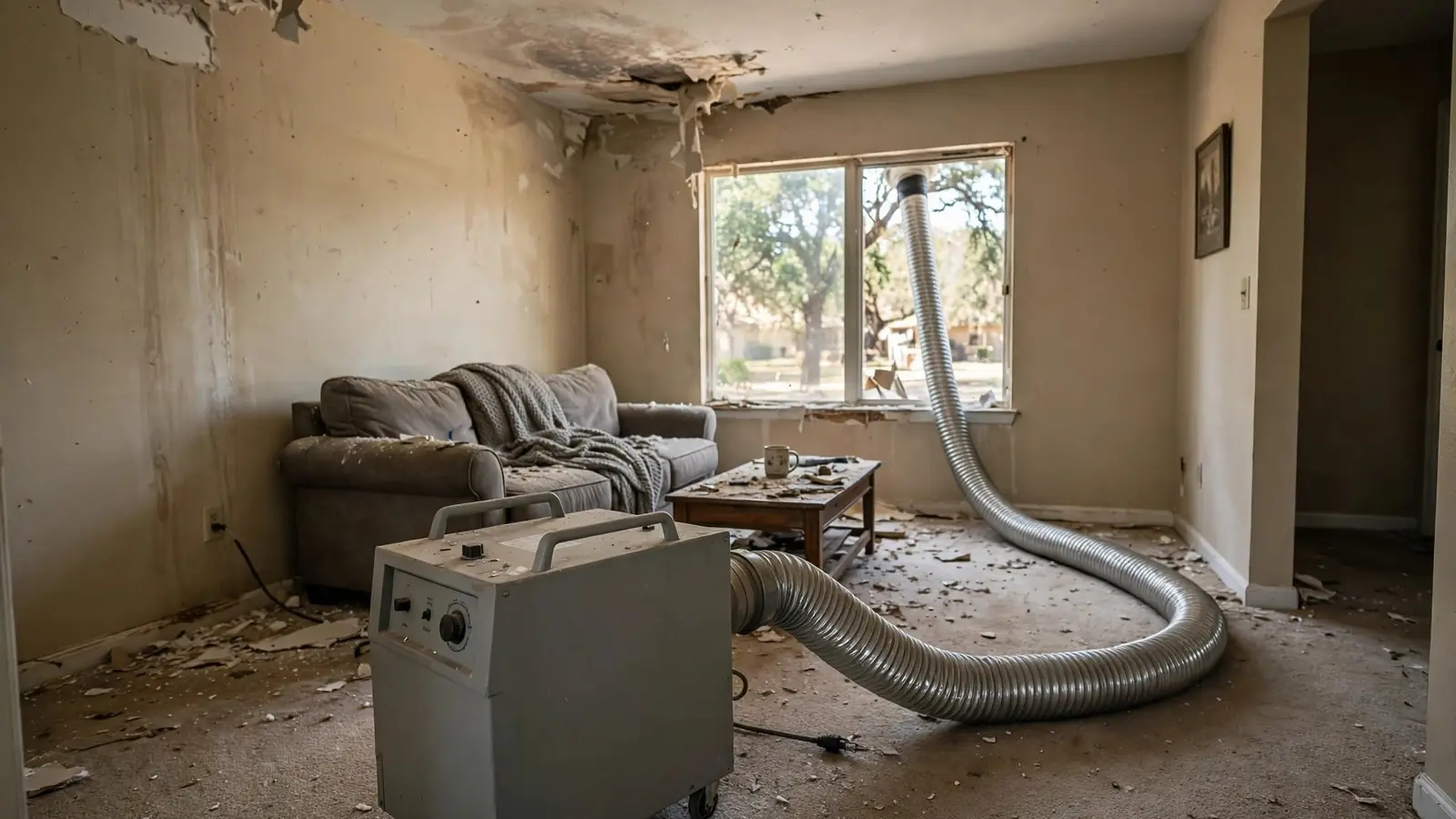 HEPA air scrubber with a flexible duct hose running in a living room