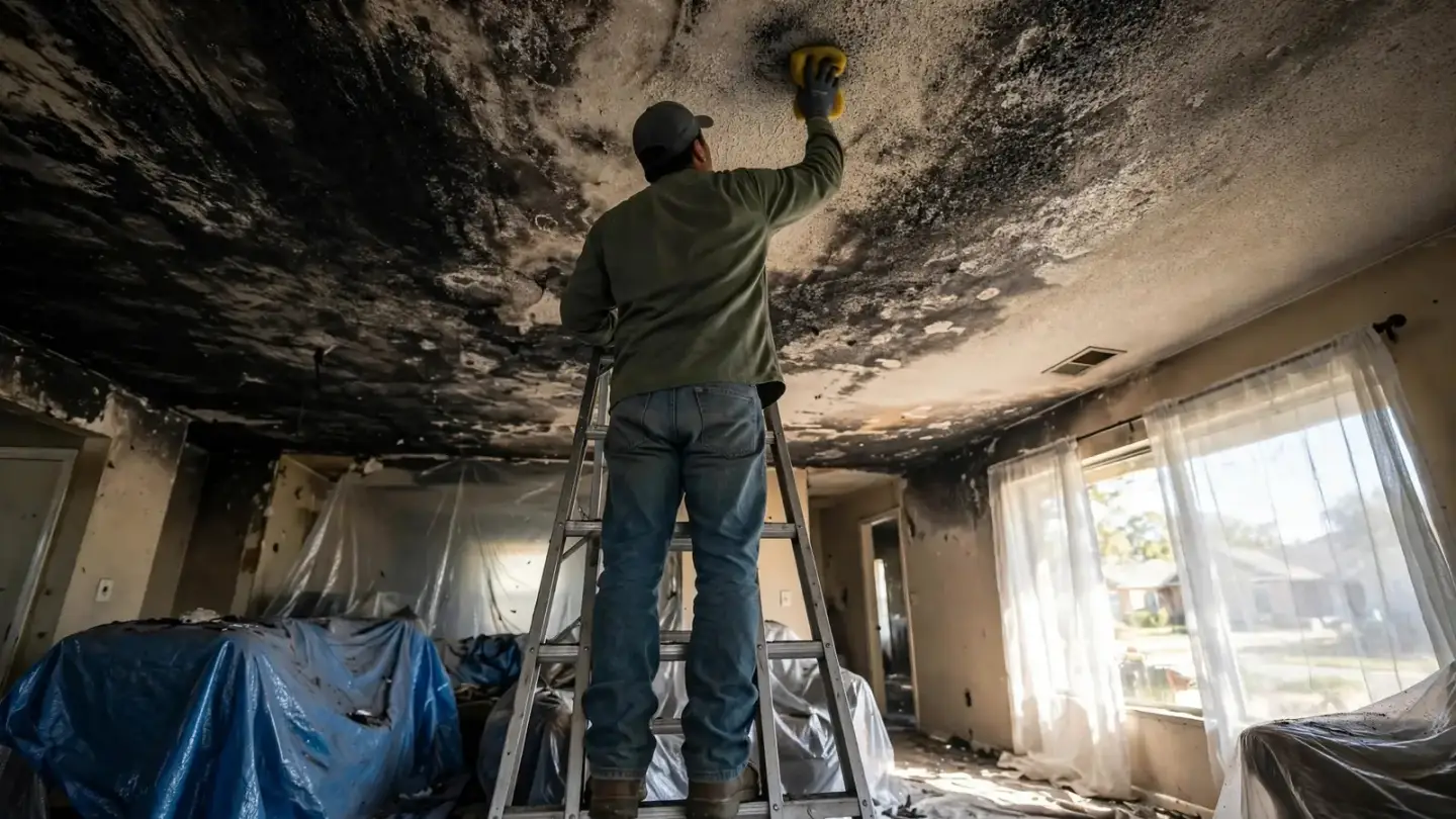 Worker on a ladder wiping a soot-covered textured ceiling with a dry sponge