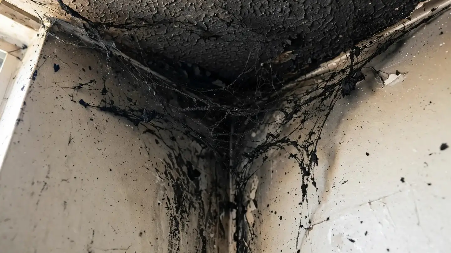 Close-up of soot webs and black residue gathered in a ceiling corner