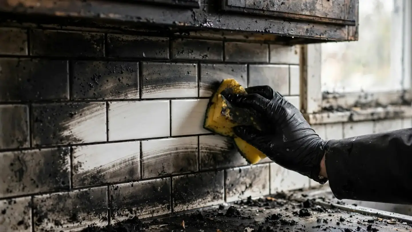 Gloved hand wiping soot off kitchen tile, leaving a clean streak