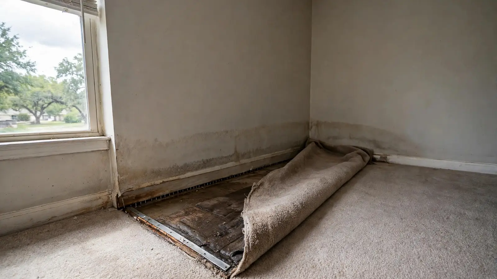 Wet carpet pulled back in a room corner exposing damp pad and tack strip