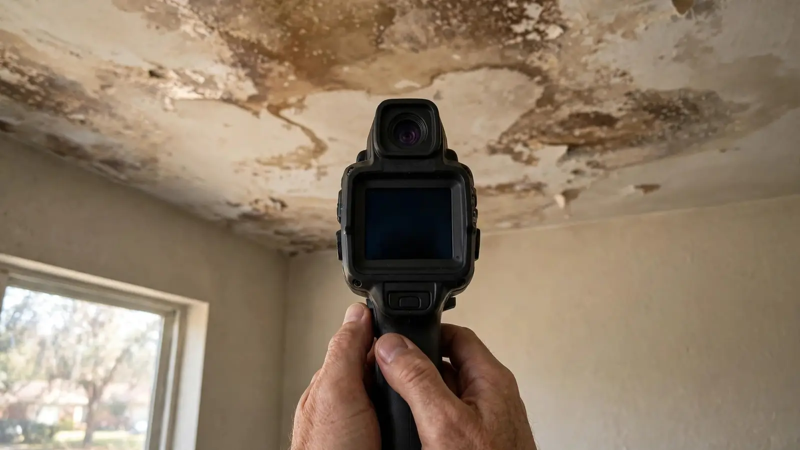 Hands pointing a thermal camera at a ceiling stain