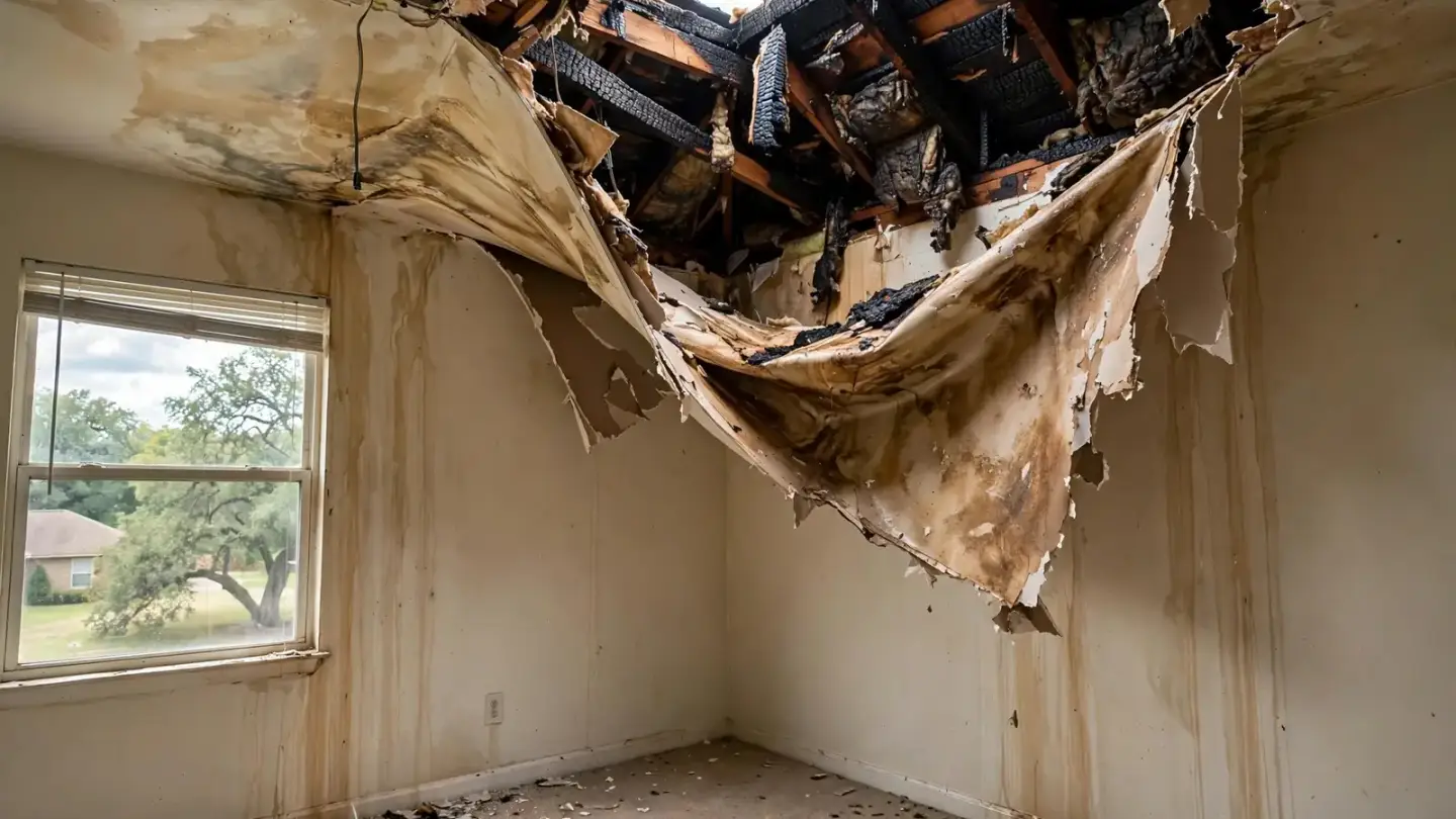 Water-stained sagging ceiling sheetrock below a burned attic area